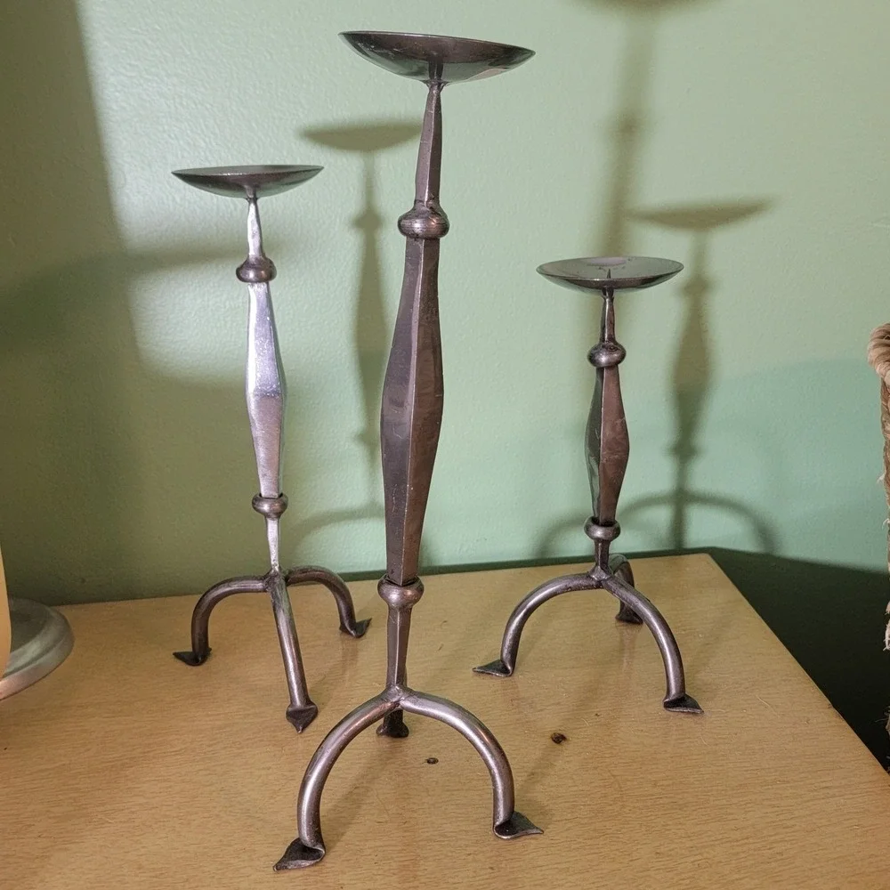 Set of 3 Brutalist‎ Handmade Metal Candlesticks MCM Midcentury Modern Rustic